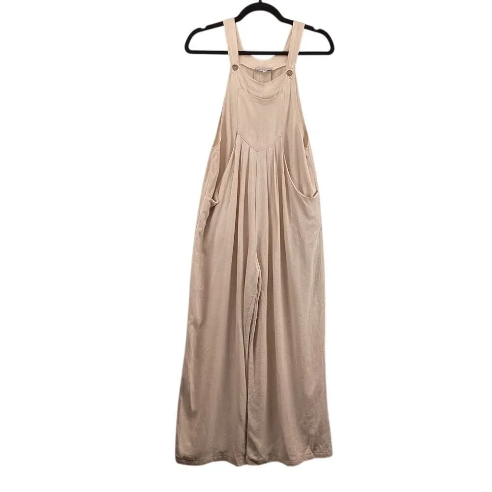 Miss Sparkling Wide Leg Jumpsuit Small Beige Linen Blend BOHO Wide Leg Flowy - Picture 2 of 13